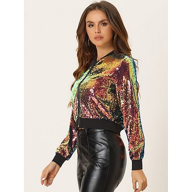 Women's Sequin Party Long Sleeve Zipper Up Cropped Bomber Jacket