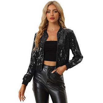 Women's Sequin Party Long Sleeve Zipper Up Cropped Bomber Jacket