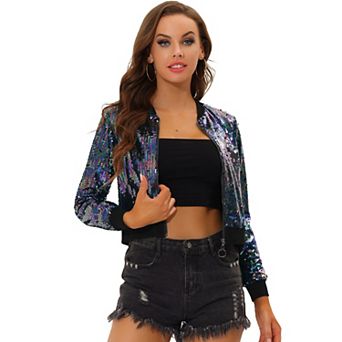 Women's Sequin Party Long Sleeve Zipper Up Cropped Bomber Jacket