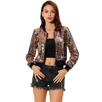 Women's Sequin Party Long Sleeve Zipper Up Cropped Bomber Jacket
