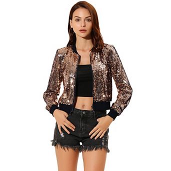Women's Sequin Party Long Sleeve Zipper Up Cropped Bomber Jacket