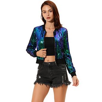 Women's Sequin Party Long Sleeve Zipper Up Cropped Bomber Jacket