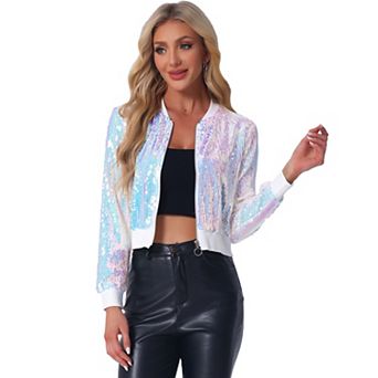 Women's Sequin Party Long Sleeve Zipper Up Cropped Bomber Jacket