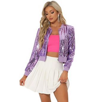 Women's Sequin Party Long Sleeve Zipper Up Cropped Bomber Jacket