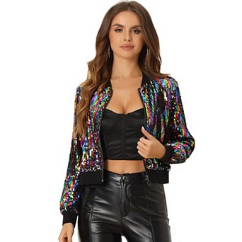 Women's Sequin Party Long Sleeve Zipper Up Cropped Bomber Jacket