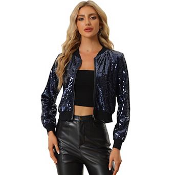 Women's Sequin Party Long Sleeve Zipper Up Cropped Bomber Jacket