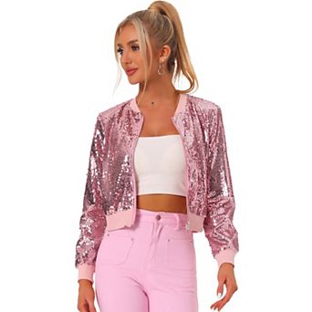 Women's Sequin Party Long Sleeve Zipper Up Cropped Bomber Jacket
