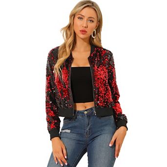 Women's Sequin Party Long Sleeve Zipper Up Cropped Bomber Jacket