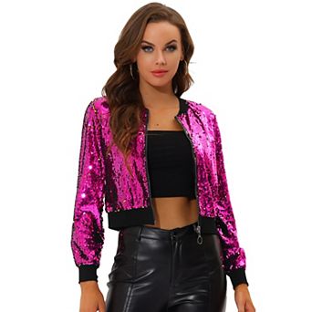 Women's Sequin Party Long Sleeve Zipper Up Cropped Bomber Jacket