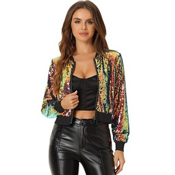 Women's Sequin Party Long Sleeve Zipper Up Cropped Bomber Jacket