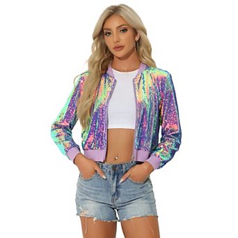 Women's Sequin Party Long Sleeve Zipper Up Cropped Bomber Jacket