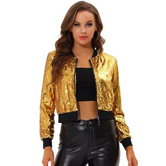 Women's Sequin Party Long Sleeve Zipper Up Cropped Bomber Jacket