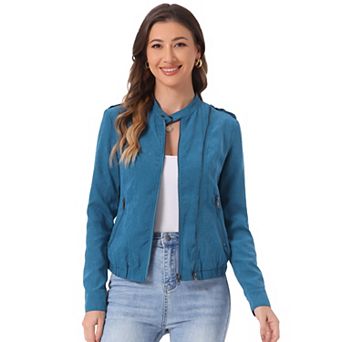 Women's Lightweight Stand Collar Zip up Biker Moto Jacket