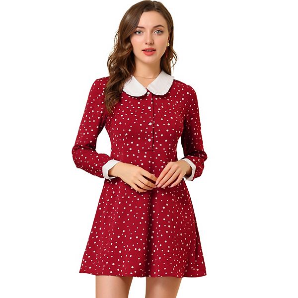 Women's Polka Dots Peter Pan Collar Contrast Long Sleeve Shirt Dress