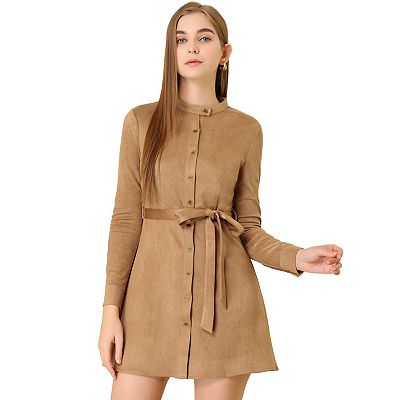 Women s Long Sleeve Casual Office Belted Elegant Button Down Faux Suede Dress