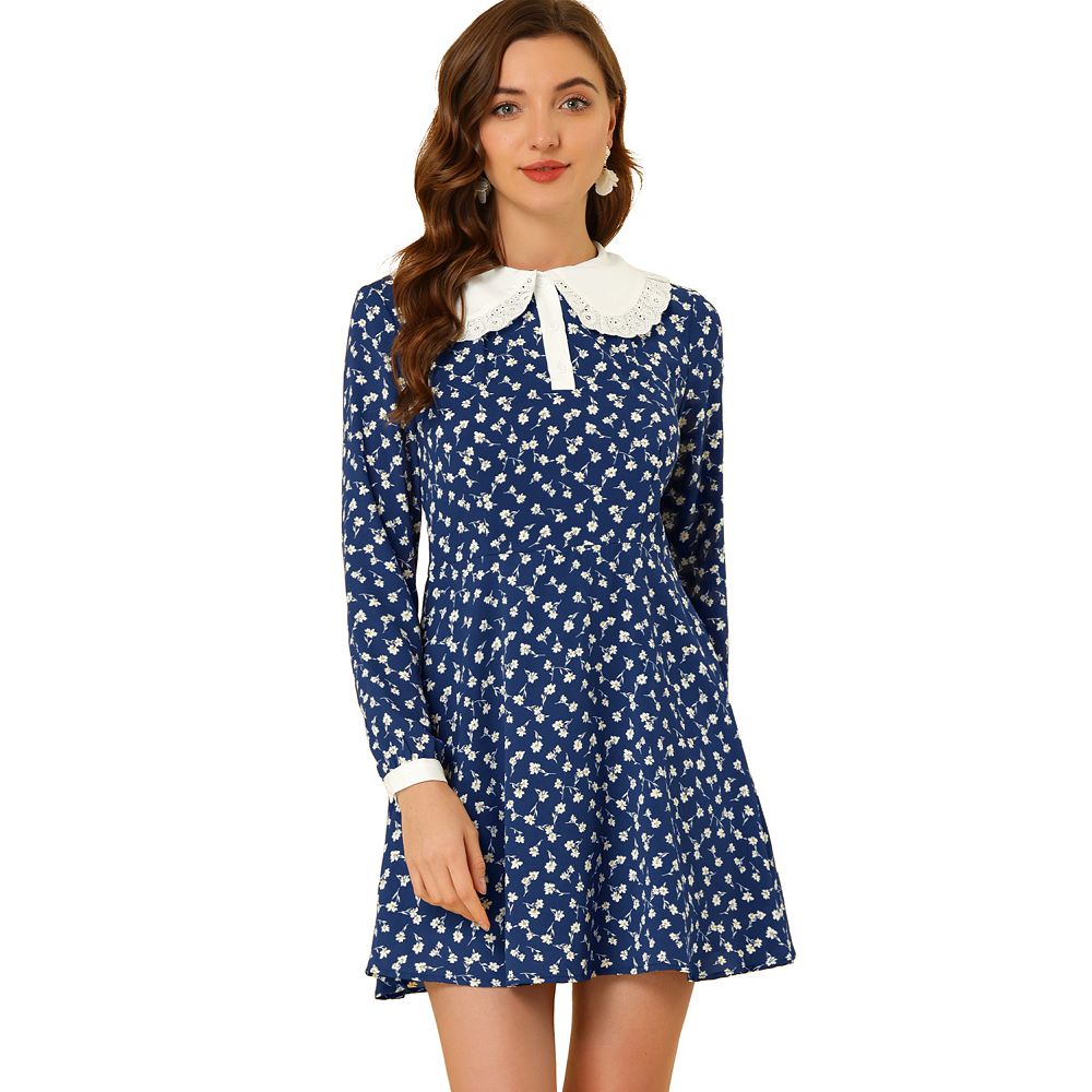 Women's Contrast Peter Pan Collar Floral Long Sleeve Above Knee Dress