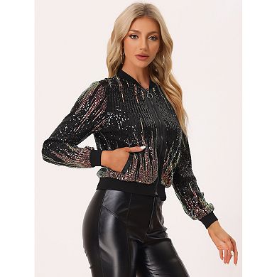 Women's Shiny Ombre Sequin Long Sleeve Zipper Bomber Short Jacket