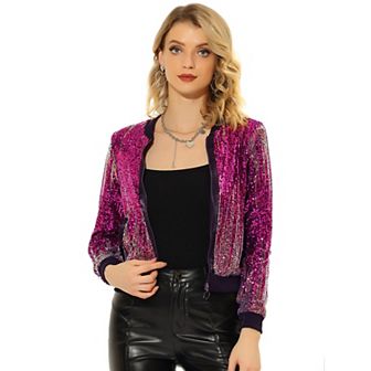 Women's Shiny Ombre Sequin Long Sleeve Zipper Bomber Short Jacket