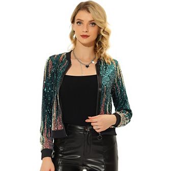 Women's Shiny Ombre Sequin Long Sleeve Zipper Bomber Short Jacket