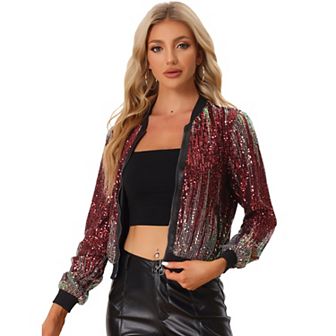 Women's Shiny Ombre Sequin Long Sleeve Zipper Bomber Short Jacket