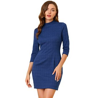 Women's Vintage 3/4 Sleeve Stand Collar Plaid Dress LARGE Red