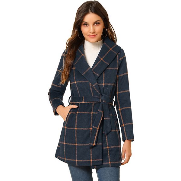 Women's Plaid Shawl Collar Belted Wrap Winter Coat