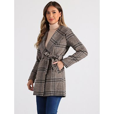 Women's Plaid Shawl Collar Belted Wrap Winter Coat