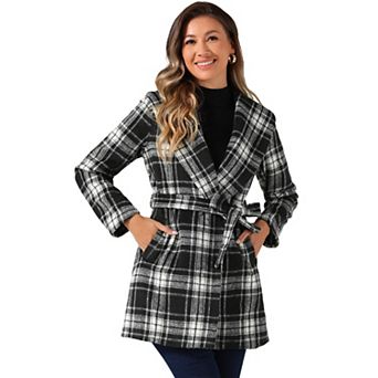 Women's Plaid Shawl Collar Belted Wrap Winter Coat