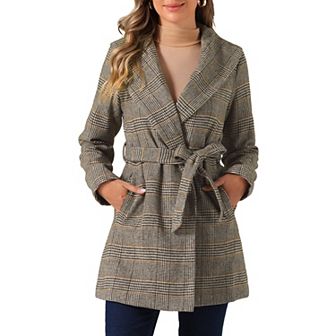 Women's Plaid Shawl Collar Belted Wrap Winter Coat