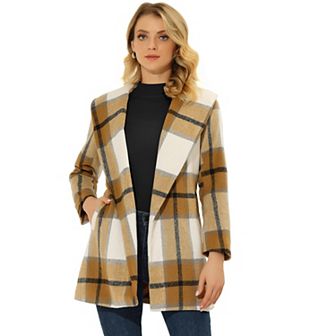 Women's Plaid Shawl Collar Belted Wrap Winter Coat