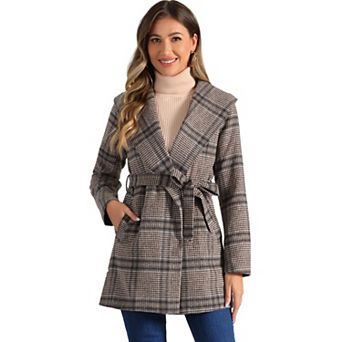 Women's Plaid Shawl Collar Belted Wrap Winter Coat