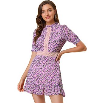 Women's Ruffle Neckline Printed Fit and Flare Ruffle Hem Lace-Inset Mini Dress