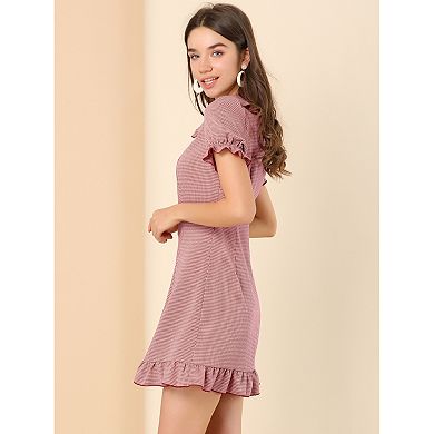 Women's Ruffle Peter Pan Collar Casual Button Up Checkered Dress