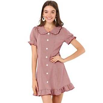 Women's Ruffle Peter Pan Collar Casual Button Up Checkered Dress