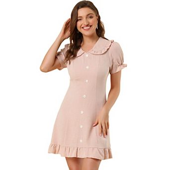Women's Ruffle Peter Pan Collar Casual Button Up Checkered Dress