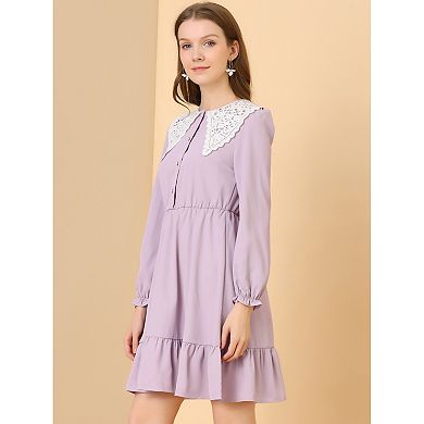 Women's Retro Ruffle Hem Dresses A-Line Lace Panel Peter Pan Collar Dress