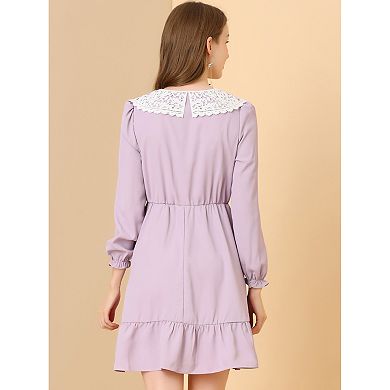 Women's Retro Ruffle Hem Dresses A-line Lace Panel Peter Pan Collar Dress
