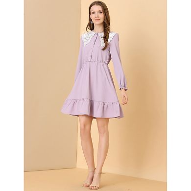 Women's Retro Ruffle Hem Dresses A-line Lace Panel Peter Pan Collar Dress