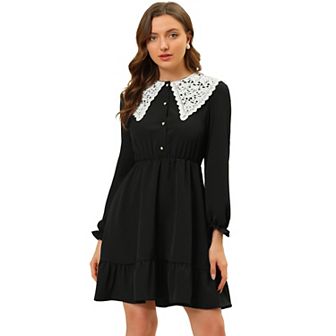 Women's Retro Ruffle Hem Dresses A-Line Lace Panel Peter Pan Collar Dress