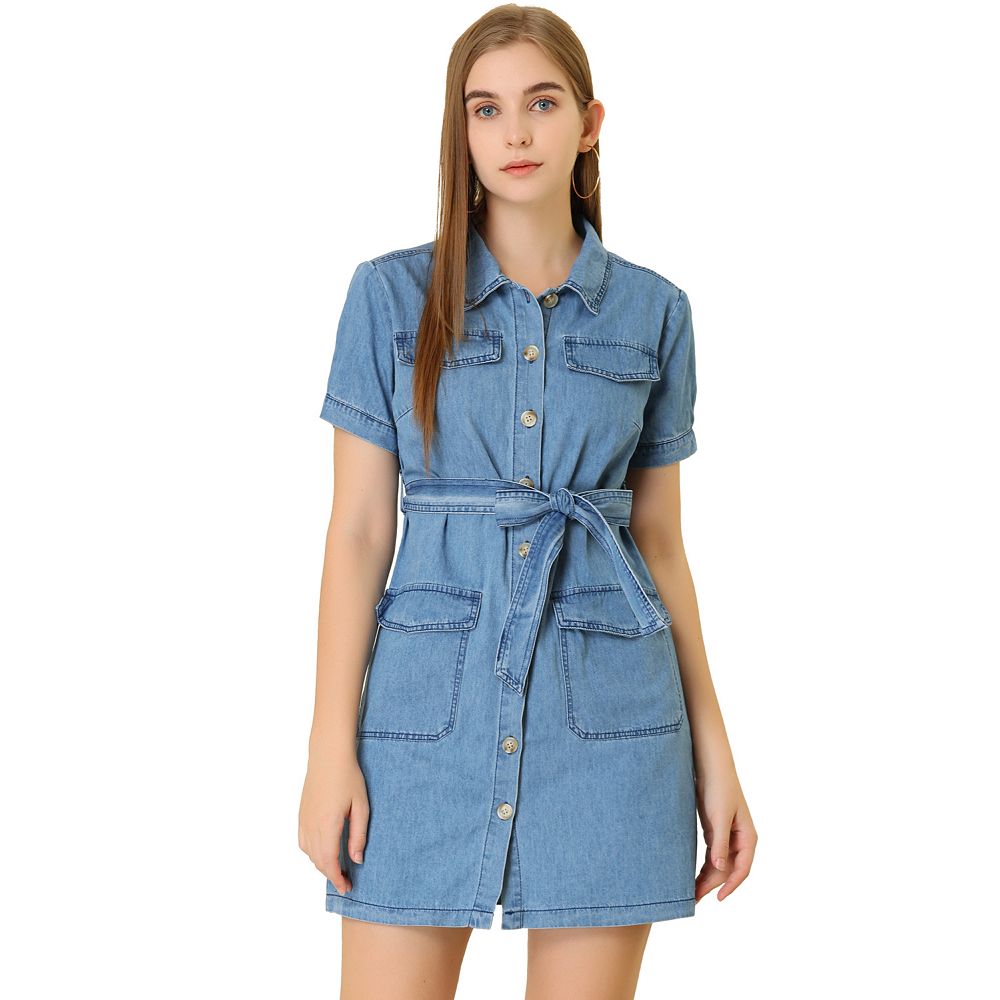 Women's Denim Dress Belted Full Placket Jean Dresses