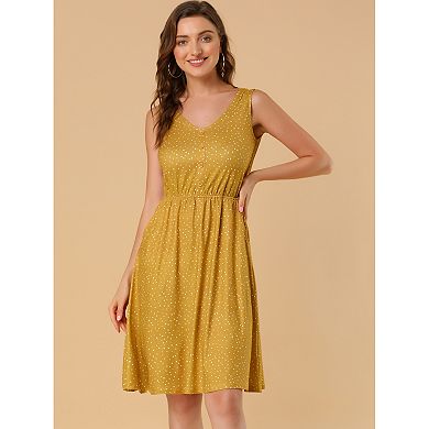 Women's Midi Polka Dots V-Neck Tie Drawstring Waist Sleeveless Dress