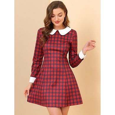Women's Costume Contrast Peter Pan Collar Long Sleeve A-line Plaid Dress