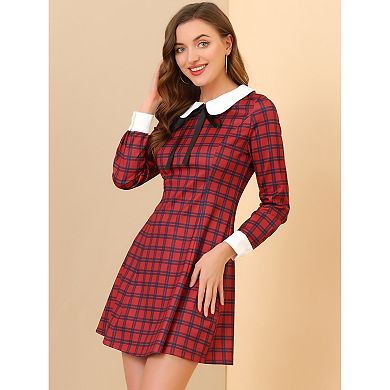 Women's Costume Contrast Peter Pan Collar Long Sleeve A-line Plaid Dress