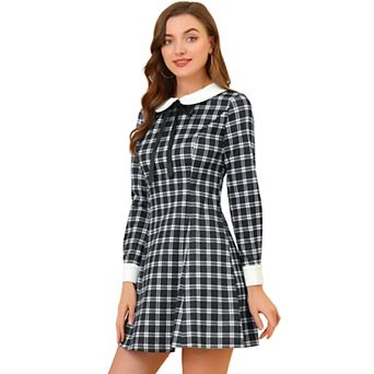 Women's Costume Contrast Peter Pan Collar Long Sleeve A-line Plaid Dress