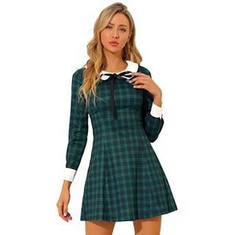 Women's Costume Contrast Peter Pan Collar Long Sleeve A-line Plaid Dress