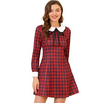 Women's Costume Contrast Peter Pan Collar Long Sleeve A-line Plaid Dress