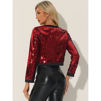 Women's Open Front Button Decor Sparkly Sequin Shrug Cropped Jacket