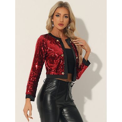 Women's Open Front Button Decor Sparkly Sequin Shrug Cropped Jacket