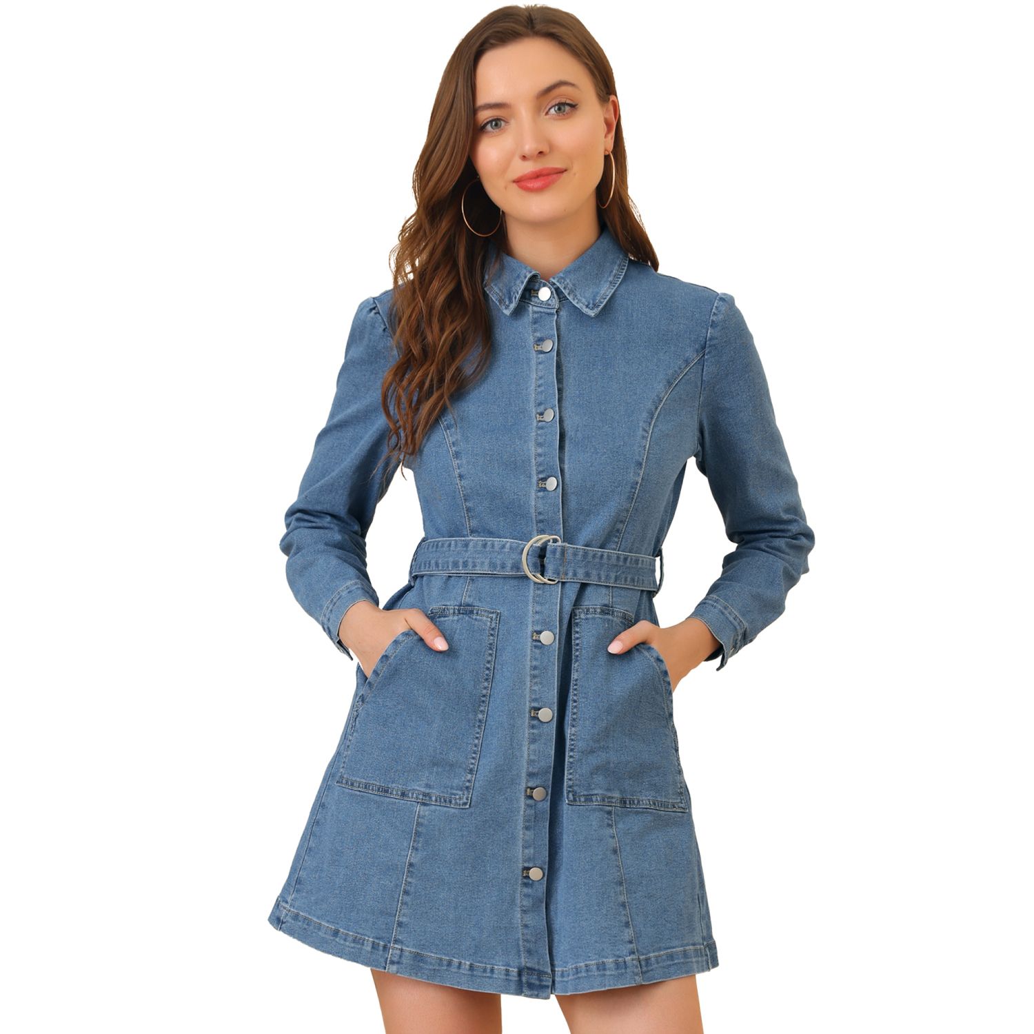 Allegra K Women's Denim Dress Belted Full Placket Jean Dresses