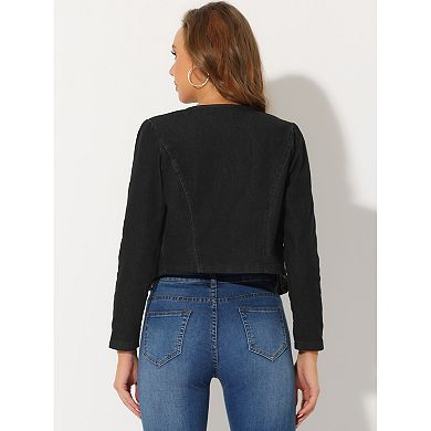 Women's Open Front Long Sleeve Washed Cropped Shrug Denim Jacket